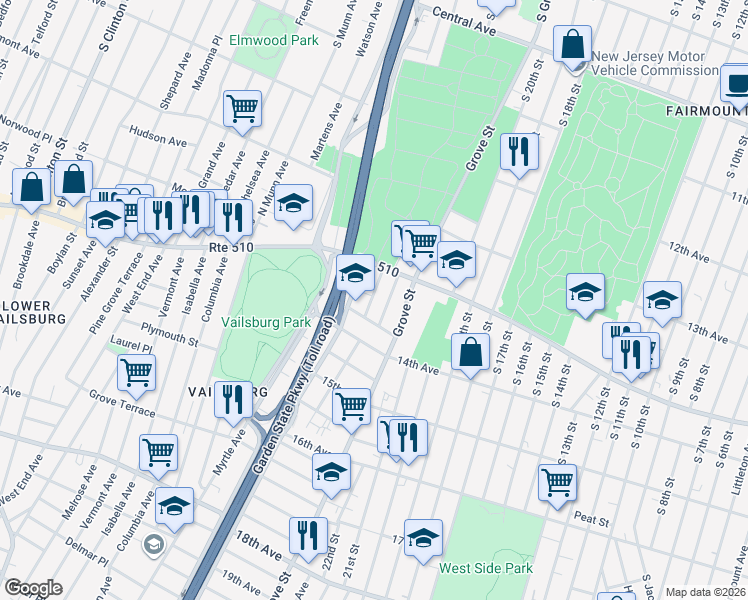 map of restaurants, bars, coffee shops, grocery stores, and more near 40 Gladstone Avenue in Newark