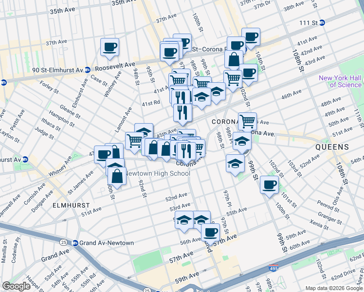 map of restaurants, bars, coffee shops, grocery stores, and more near 94-76 Alstyne Avenue in Queens