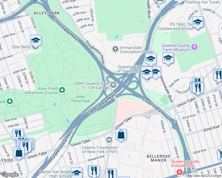 map of restaurants, bars, coffee shops, grocery stores, and more near 4325 Douglaston Parkway in Queens