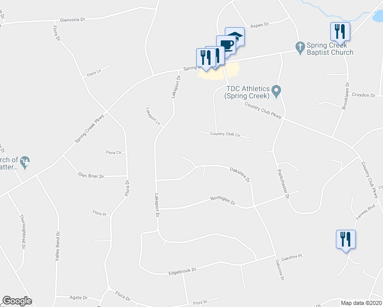 map of restaurants, bars, coffee shops, grocery stores, and more near 322 Oakshire Lane in Spring Creek