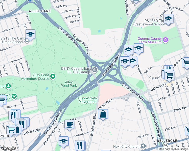 map of restaurants, bars, coffee shops, grocery stores, and more near 4916 Douglaston Parkway in Queens