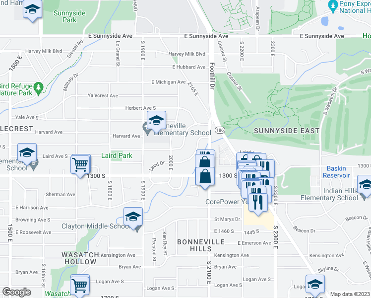 map of restaurants, bars, coffee shops, grocery stores, and more near 2018 Princeton Avenue South in Salt Lake City