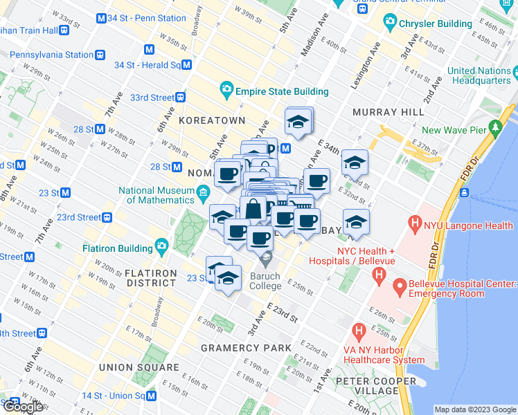 map of restaurants, bars, coffee shops, grocery stores, and more near 122 East 28th Street in New York