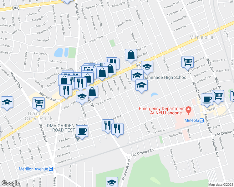 map of restaurants, bars, coffee shops, grocery stores, and more near 396 Jackson Avenue in Mineola