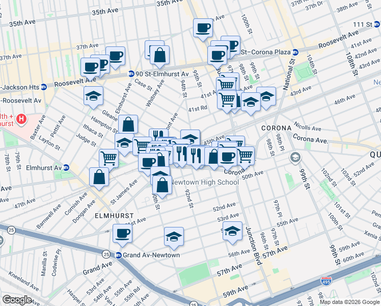 map of restaurants, bars, coffee shops, grocery stores, and more near 45-10 94th Street in Queens