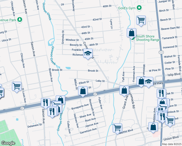 map of restaurants, bars, coffee shops, grocery stores, and more near 150 Lake Street in Islip