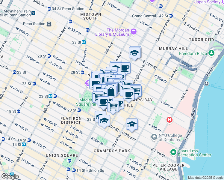 map of restaurants, bars, coffee shops, grocery stores, and more near 400 Park Avenue South in New York