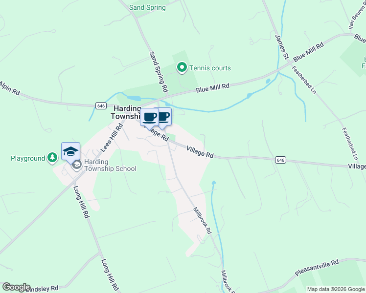 map of restaurants, bars, coffee shops, grocery stores, and more near 23 Millbrook Road in Harding Township