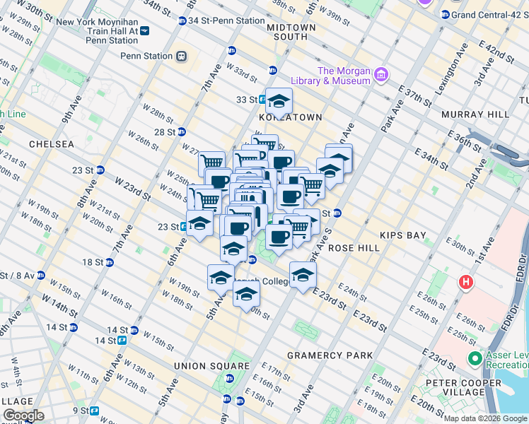map of restaurants, bars, coffee shops, grocery stores, and more near in New York