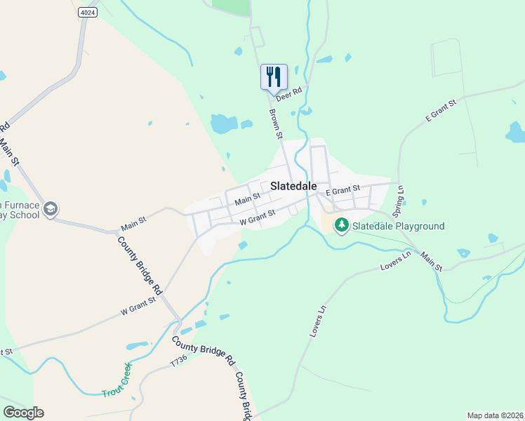 map of restaurants, bars, coffee shops, grocery stores, and more near 4036 West Grant Street in Slatington