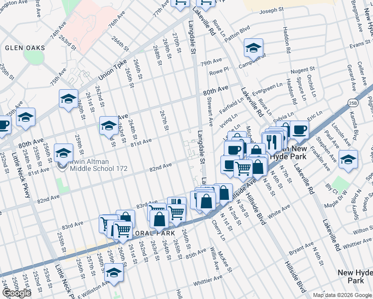 map of restaurants, bars, coffee shops, grocery stores, and more near 81-41 268th Street in Queens