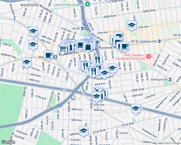 map of restaurants, bars, coffee shops, grocery stores, and more near 6811 Woodside Avenue in Queens