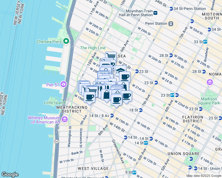 map of restaurants, bars, coffee shops, grocery stores, and more near 351 West 18th Street in New York