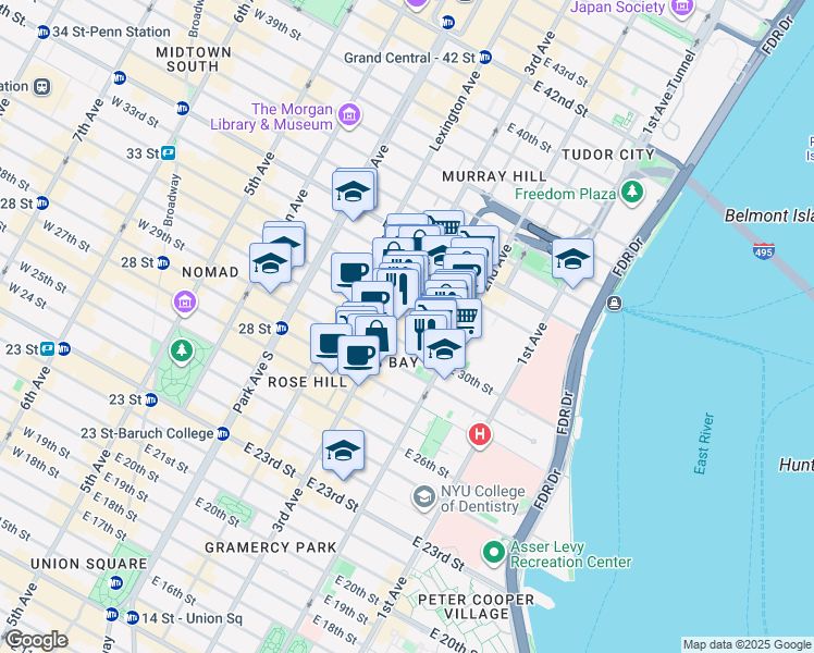 map of restaurants, bars, coffee shops, grocery stores, and more near 208 East 30th Street in New York