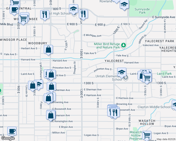 map of restaurants, bars, coffee shops, grocery stores, and more near 1360 Princeton Avenue South in Salt Lake City