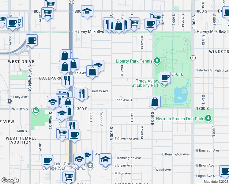 map of restaurants, bars, coffee shops, grocery stores, and more near 1193 South 300 East in Salt Lake City