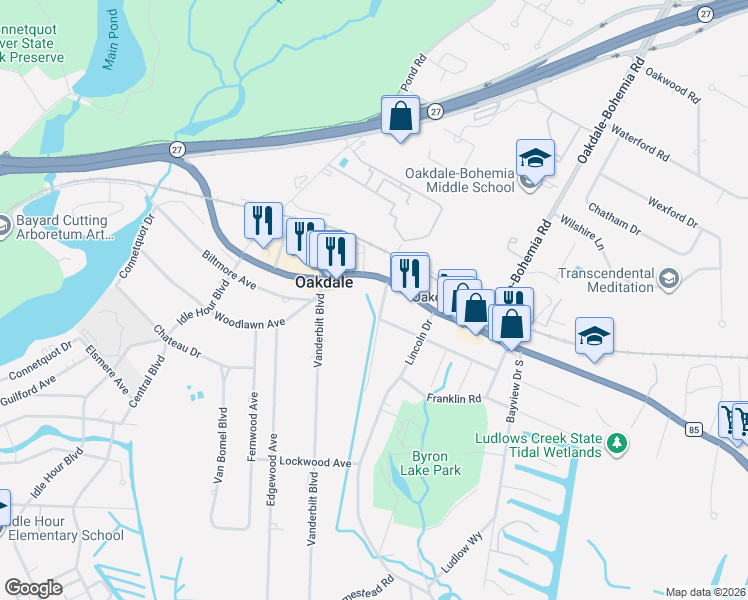 map of restaurants, bars, coffee shops, grocery stores, and more near 24 West Shore Road in Oakdale