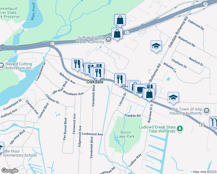 map of restaurants, bars, coffee shops, grocery stores, and more near 24 West Shore Road in Oakdale