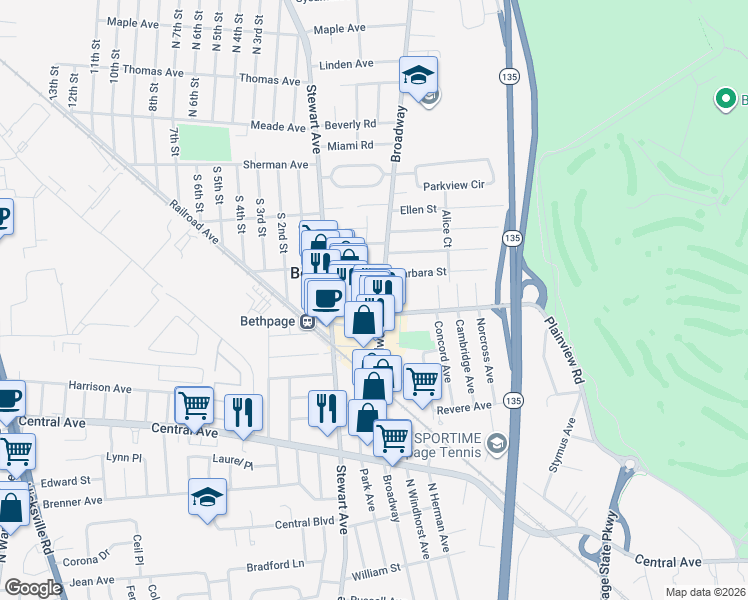 map of restaurants, bars, coffee shops, grocery stores, and more near 108 Benkert Street in Bethpage