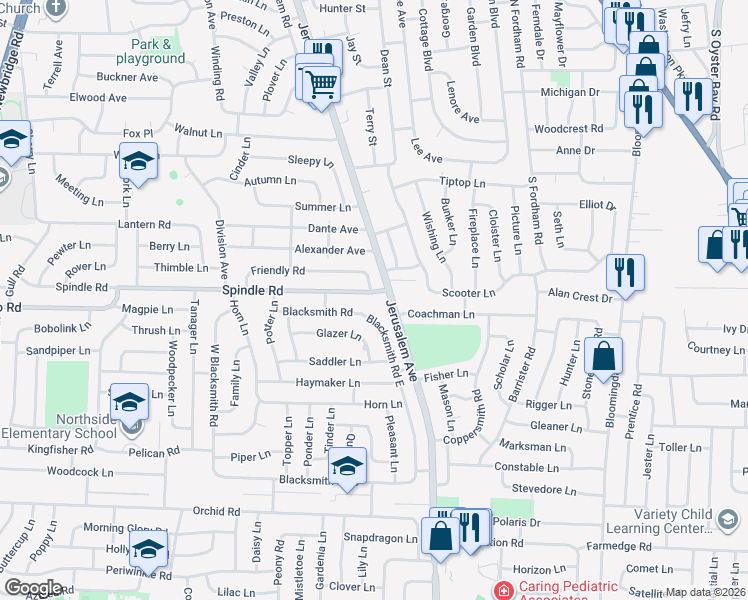 map of restaurants, bars, coffee shops, grocery stores, and more near 57 Blacksmith Road in Levittown
