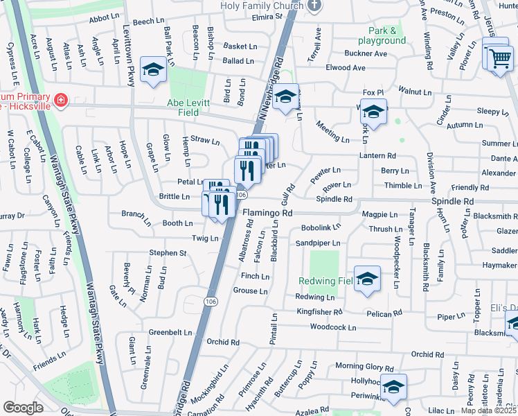 map of restaurants, bars, coffee shops, grocery stores, and more near 2 Albatross Road in Levittown
