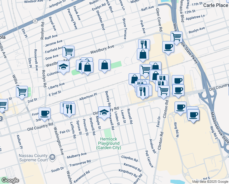 map of restaurants, bars, coffee shops, grocery stores, and more near 42 Wisteria Avenue in Mineola