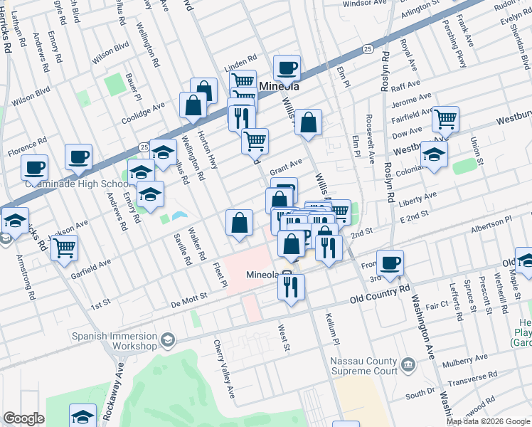 map of restaurants, bars, coffee shops, grocery stores, and more near 232 Harrison Avenue in Mineola