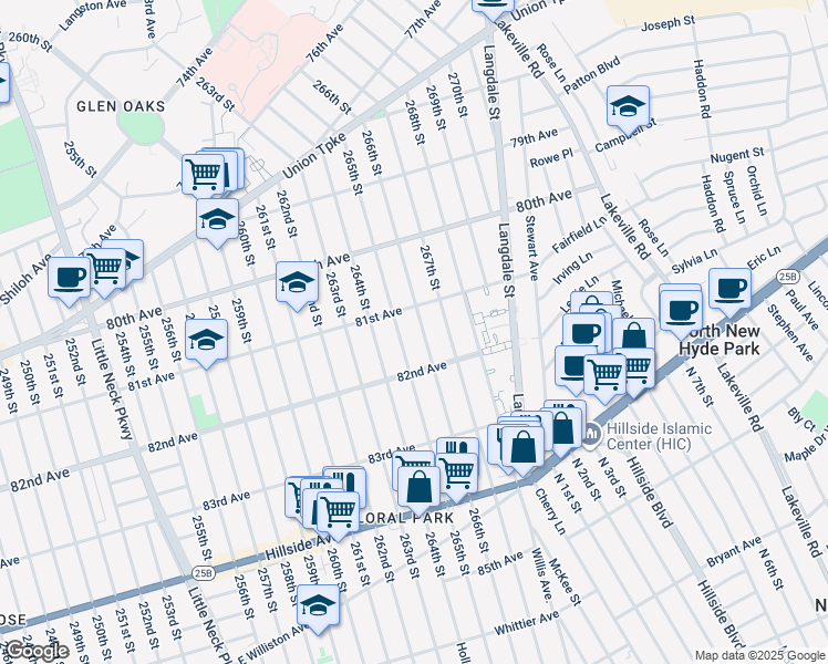 map of restaurants, bars, coffee shops, grocery stores, and more near 81-32 265th Street in Queens