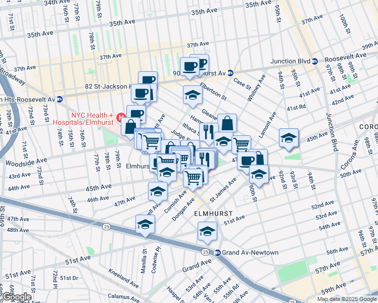 map of restaurants, bars, coffee shops, grocery stores, and more near 44-05 Ketcham Street in Queens
