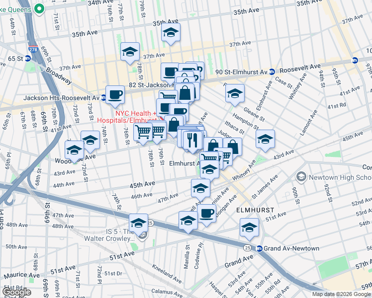 map of restaurants, bars, coffee shops, grocery stores, and more near in Queens