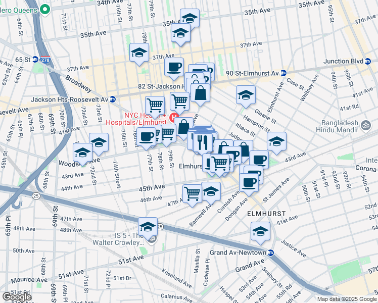 map of restaurants, bars, coffee shops, grocery stores, and more near in Queens
