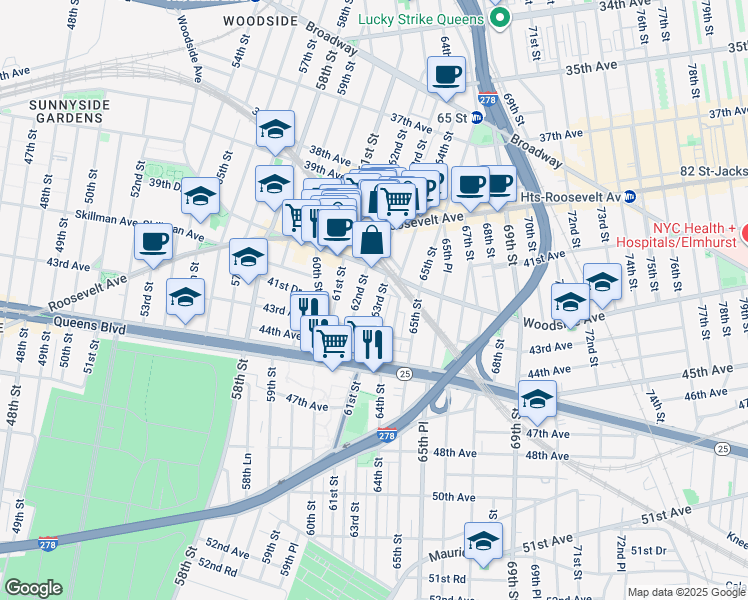 map of restaurants, bars, coffee shops, grocery stores, and more near 41-44 Woodside Avenue in Queens