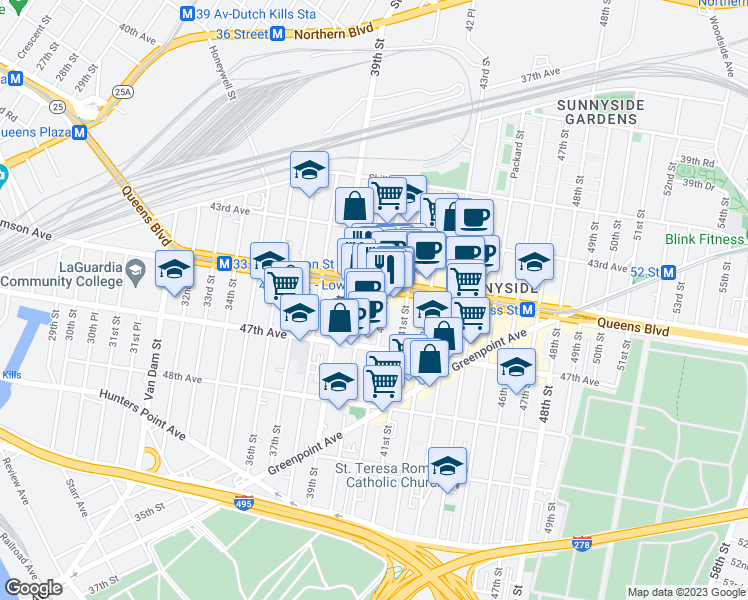 map of restaurants, bars, coffee shops, grocery stores, and more near 45-22 40th Street in Queens