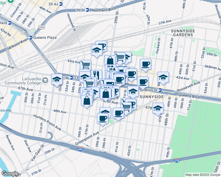 map of restaurants, bars, coffee shops, grocery stores, and more near 45-25 39th Street in Queens