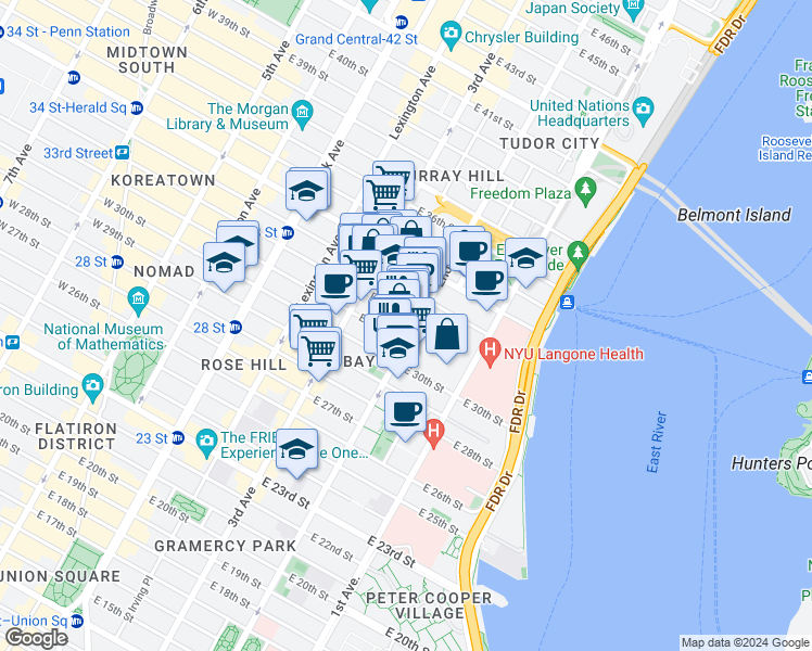 map of restaurants, bars, coffee shops, grocery stores, and more near in New York
