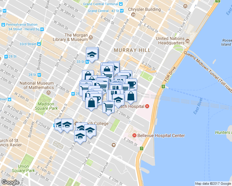 map of restaurants, bars, coffee shops, grocery stores, and more near 208 East 30th Street in New York