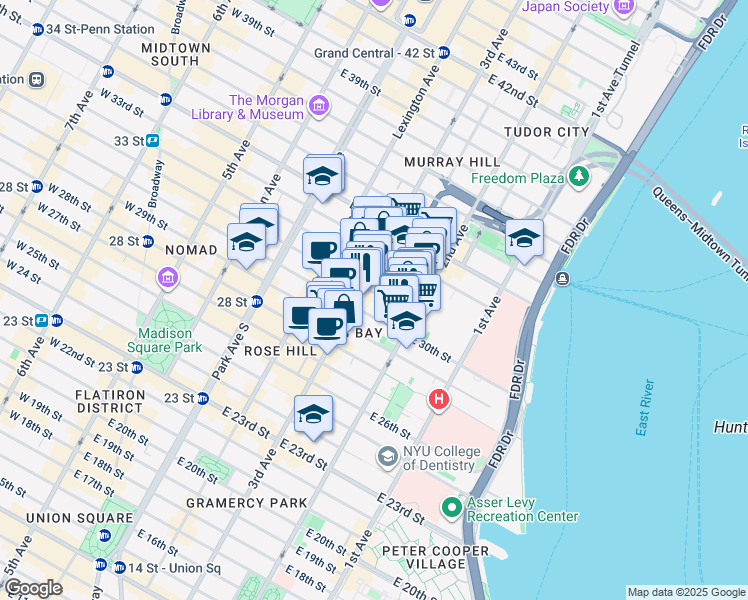 map of restaurants, bars, coffee shops, grocery stores, and more near 208 East 30th Street in New York
