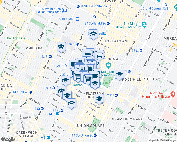 map of restaurants, bars, coffee shops, grocery stores, and more near 727 6th Avenue in New York