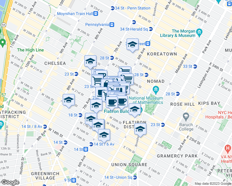 map of restaurants, bars, coffee shops, grocery stores, and more near in New York