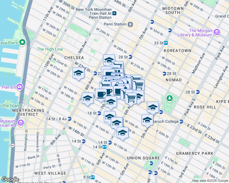 map of restaurants, bars, coffee shops, grocery stores, and more near 147 West 22nd Street in New York