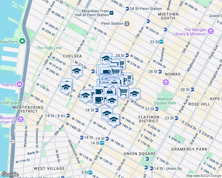 map of restaurants, bars, coffee shops, grocery stores, and more near 177 7th Avenue in New York