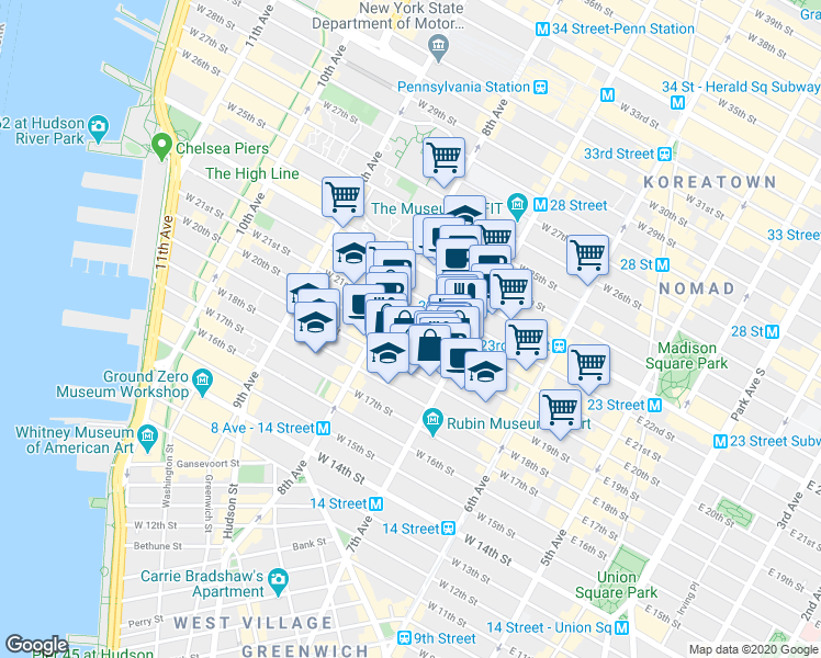 map of restaurants, bars, coffee shops, grocery stores, and more near 223 West 20th Street in New York