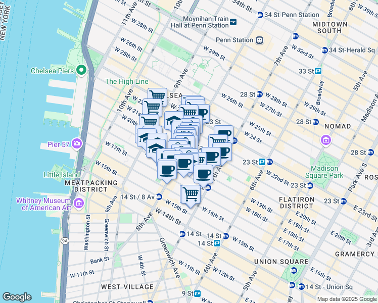 map of restaurants, bars, coffee shops, grocery stores, and more near in New York