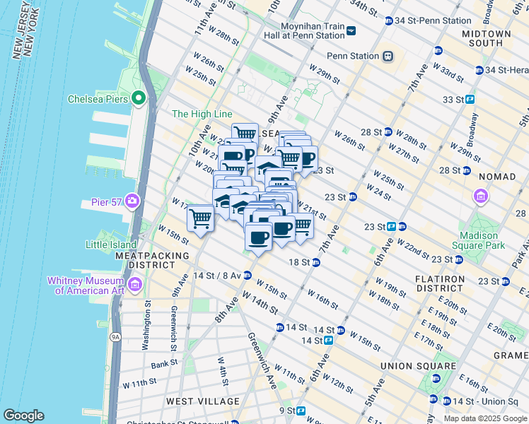 map of restaurants, bars, coffee shops, grocery stores, and more near in New York