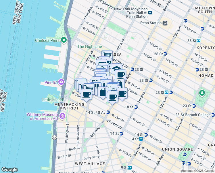 map of restaurants, bars, coffee shops, grocery stores, and more near 351 West 18th Street in New York