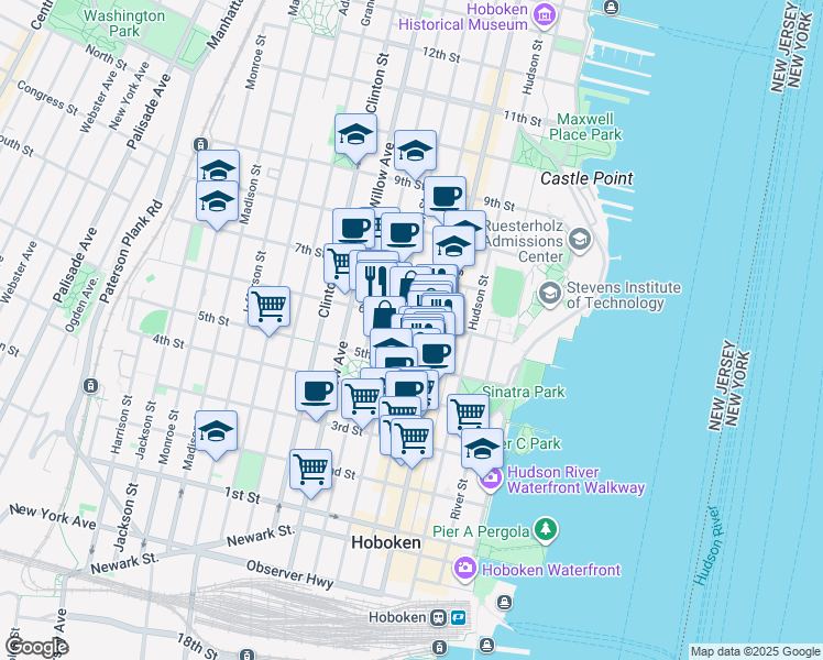 map of restaurants, bars, coffee shops, grocery stores, and more near 515 Garden Street in Hoboken