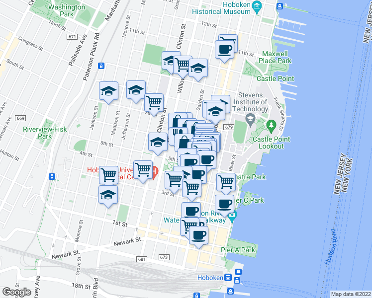 map of restaurants, bars, coffee shops, grocery stores, and more near 515 Garden Street in Hoboken