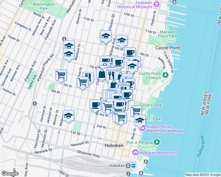 map of restaurants, bars, coffee shops, grocery stores, and more near 250 5th Street in Hoboken