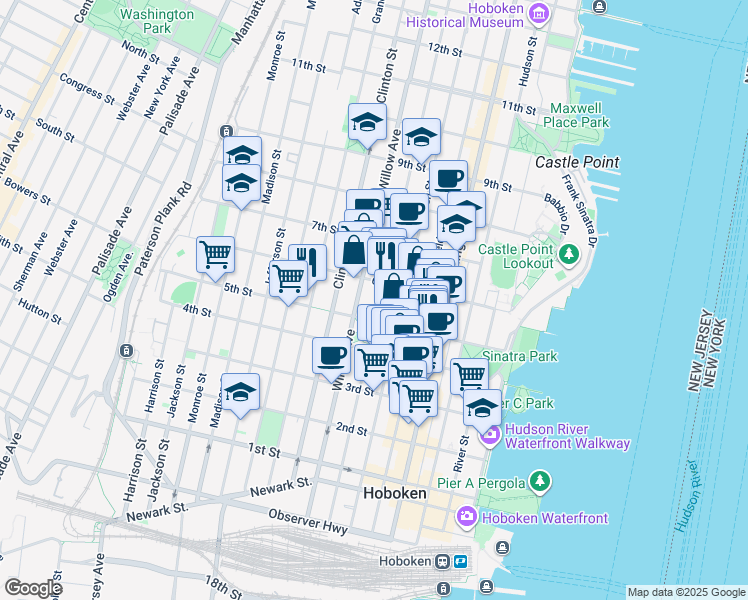 map of restaurants, bars, coffee shops, grocery stores, and more near 250 5th Street in Hoboken