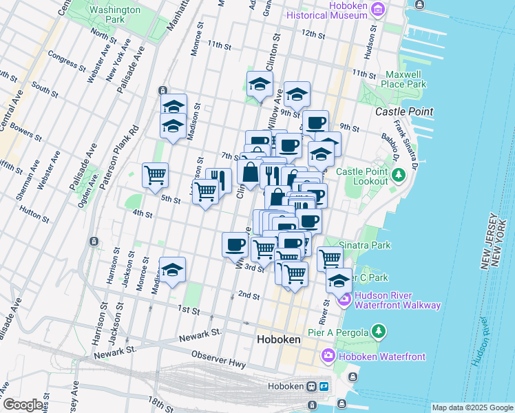 map of restaurants, bars, coffee shops, grocery stores, and more near 250 5th Street in Hoboken